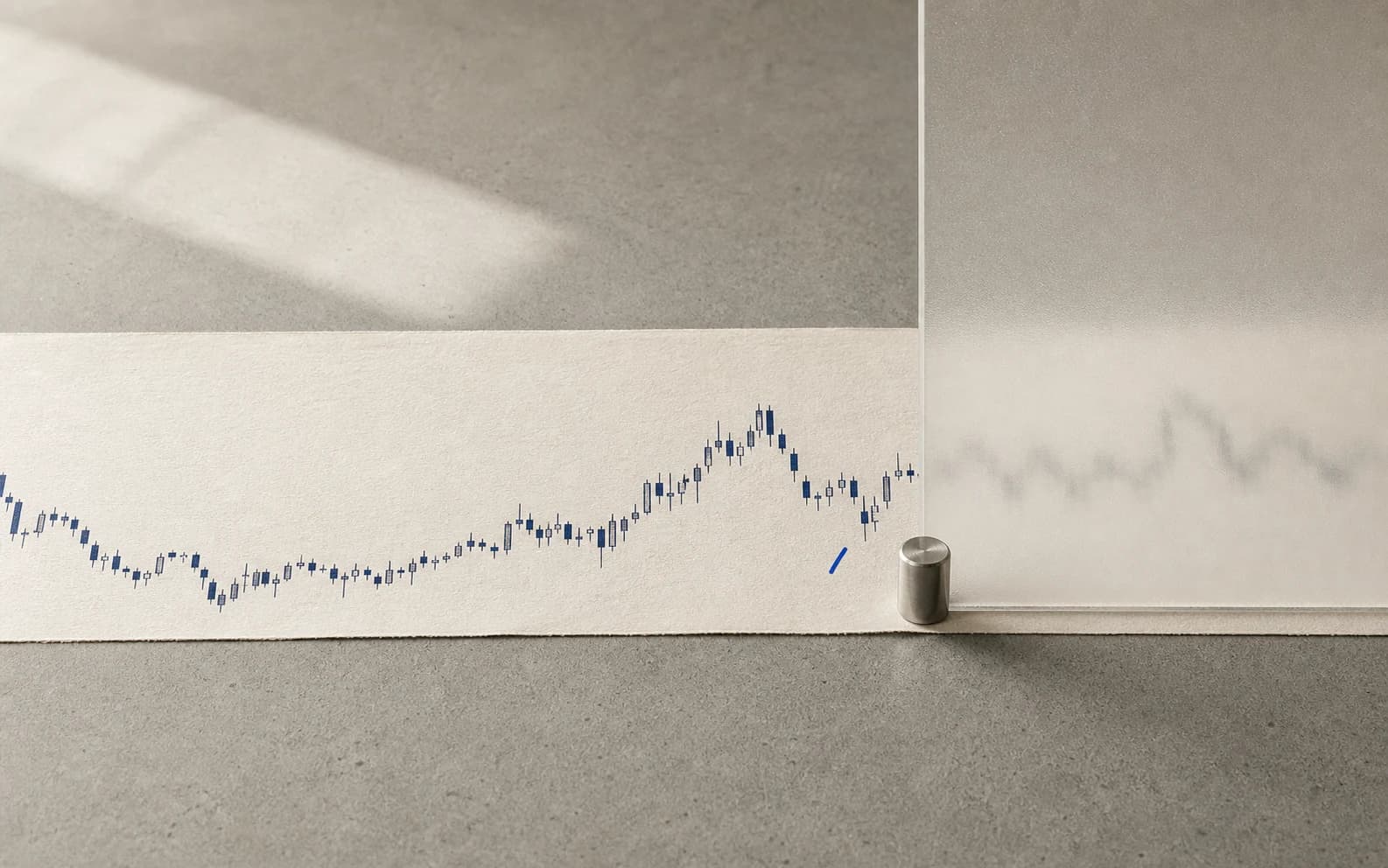 A paper candlestick chart passing beneath frosted glass, where future candles become unreadable